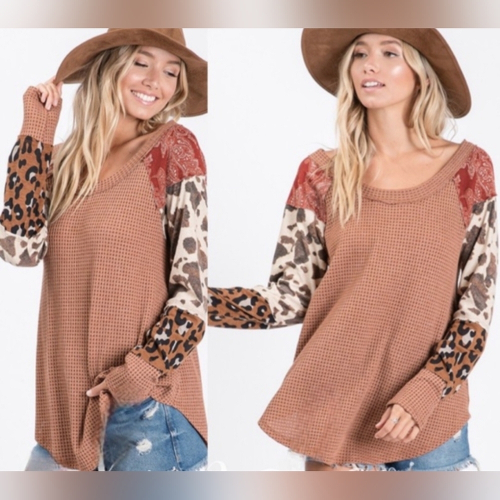 Ces Femme Leopard Patchwork Scoop Neck Oversized Top Sz M #1657